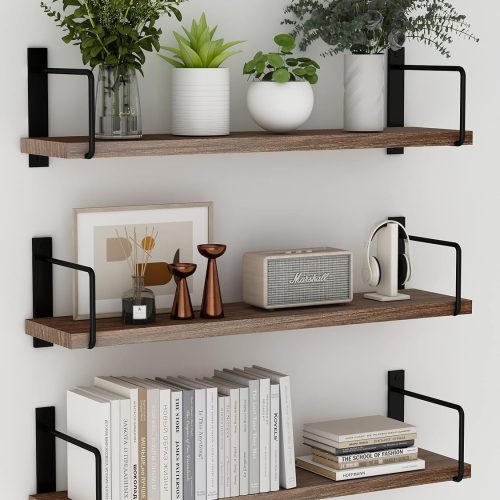 1 Floating Shelves - 24 Inch Wall Mounted Set of 3 Rustic Wood Shelves for Wall Decor and Living Room Storage (Brown)