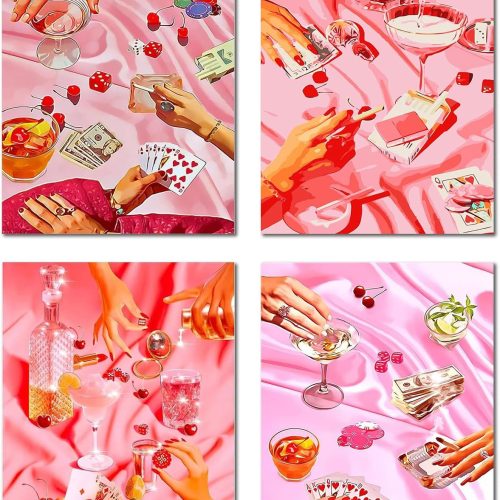 1 4Pcs Pink Vintage Diamond Painting Diamond Art Kits for Adults,5D Diamond Dots Diamond Art Kits,Round Full Drill Diamonds Crafts for Home Decor&Gift-12x16in