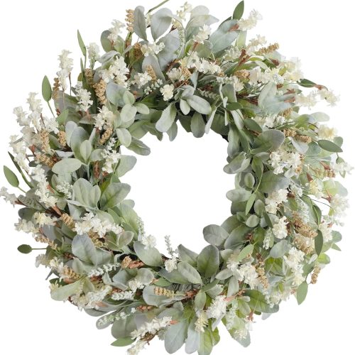 1 24 Inch Summer Spring Ivory Flowers Wreath for Front Door, Everyday Lamb Ears Leaves Wreath with White Artificial Flower for Indoor and Outdoor, Rustic and Farmhouse Greenery Flower