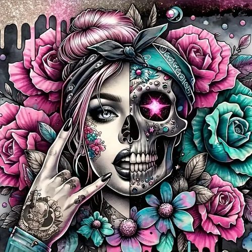 1 Skull Woman Flower Diamond Art Kits for Adults, 5D Diamond Painting Kits for Adults Beginners, DIY Full Round Drill Diamond Dot Painting Gem Art Kits for Adult, Home Wall Decor 13.8x13.8 Inch