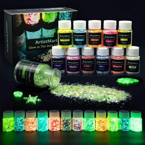 1 Glow in The Dark Glitter, 12 Colors Chunky Glitter for Tumblers, High Luminous Holographic Glitters for Resin Crafts Epoxy Slime, Cosmetic Grade Nail Glitter Set for Face Body Skin