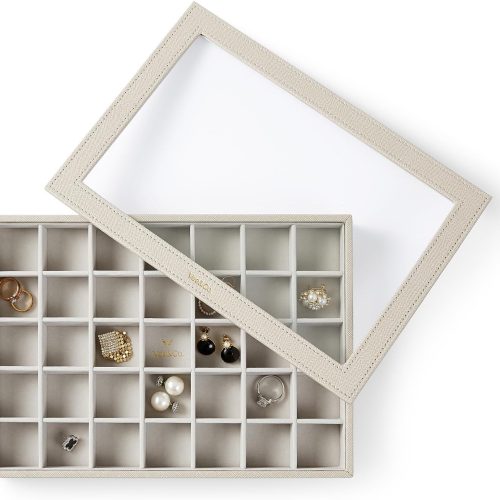1 Vee Stackable Jewelry Tray with Stalinite Lid, High-Capacity Jewelry Display Showcase Organizer Holder for Necklace, Bracelet, Ring, Earring (35 Gird, Grey)
