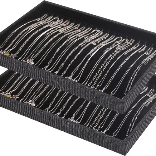1 Julysky 2 Pcs/set Stackable Jewelry Organizer Trays,Necklace Tray+Necklace Tray, Jewelry Displays for Selling,Black