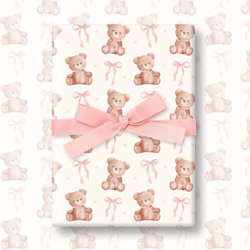1 6 Sheets Bear Wrapping Paper - Not Roll - Pink Brown Ribbon Bow Gift Wrap Paper Folded Flat for Birthday Baby Shower DIY Crafts, 19.7 x 27.6 Inch