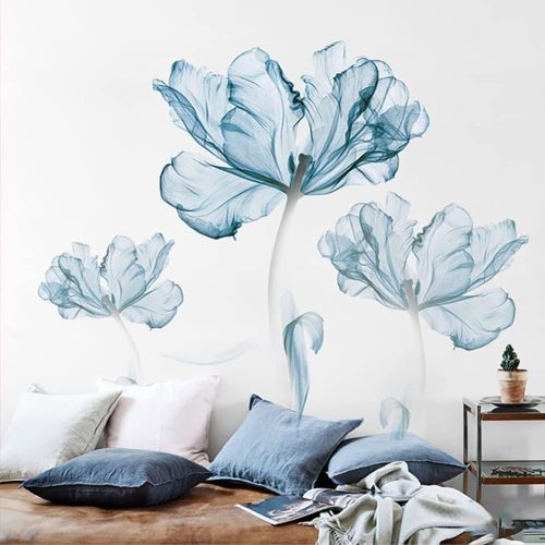 1 Runtoo Large Blue Flower Wall Decals Poppy Floral Wall Art Stickers for Girls Bedroom Living Room Bathroom Office TV Background Decor