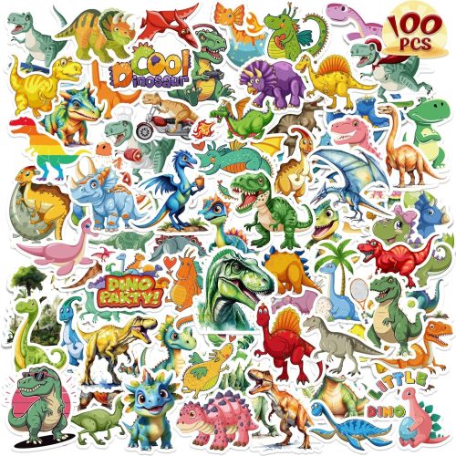 1 RINOLY 100 PCS Dinosaur Stickers for Kids,Water Bottle Sticker for Teens,Waterproof Vinyl Dinosaur Stickers for Water Bottles,Laptop,Boys Party Favors Supplies