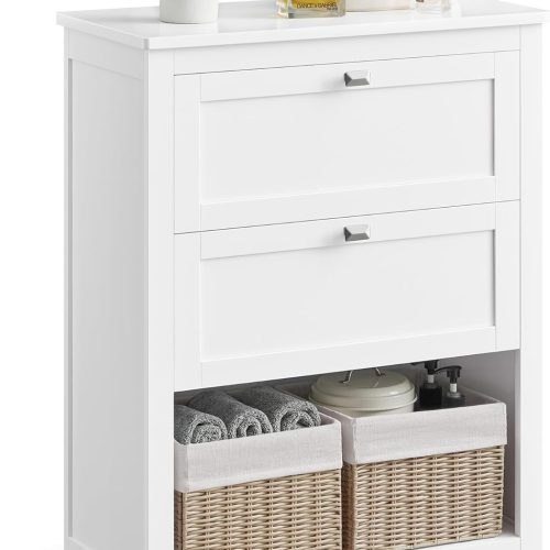 Storage Cabinet, Freestanding Floor Cabinet, 2 Drawers with 1 Set of Adjustable Divider, 2 Baskets, Sideboard, 11.8 x 23.6 x 31.5 Inches, for Bathroom, Living Room, Cloud White UBBC545W02
