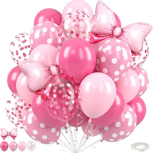 1 Pink Bow Balloons,12 Inch Hot Pink Rose Dots Bow Foil Balloon and Confetti Balloons with Ribbon,for Girls Birthday Baby Shower Decoration Birthday Wedding