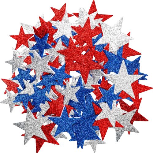 1 50 PCS Self-Adhesive Small Stars for Greeting Cards, Glitter Star Foam Stickers for Party Decoration, Star Shape Glitter Foam Sticker for Kid's Arts Craft Supplies (Red, Blue, Silver)