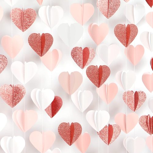 Rose-Gold Pink White Galentines-Decorations Heart Garland - 39Ft 3D Valentines Day Party Hanging Paper Streamers Banner,Engagement Wedding Bachelorette Baby Bridal Shower Mothers Decor Ouruola