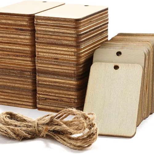 115 Pcs Unfinished Wood Pieces Rectangle-Shaped, HOOMBOOM 2 x 1.3 inch Light Wooden Cutout Natural Rustic with Hemp Rope, for Holiday Craft Projects, Hanging Decorations, Painting, Staining
