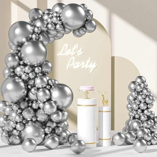110pcs Metallic Silver Balloon Garland Arch Kit, 18 12 10 5 inch Chrome Silver Latex Balloons Different Sizes Pack for Birthday Graduation Baby Shower Disco Wedding Party Decorations