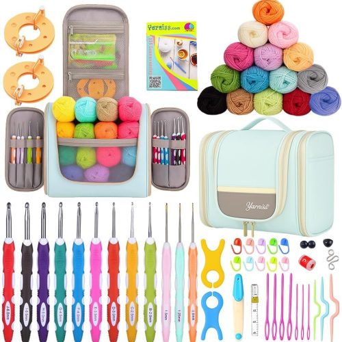 1 Crochet Kits with Case, Beginner Crochet Set Includes 1050 Yards Crochet Yarn & 12 Size Ergonomic Crochet Hooks
