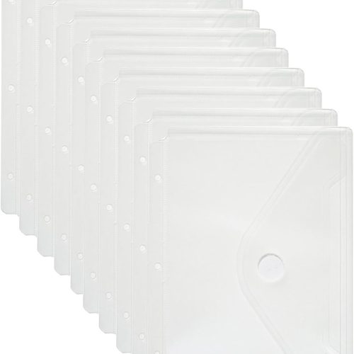 1 Plastic 3 Ring Binder Pockets Clear Pouches for 5.5’’ x 8.5’’ Paper Folder Organizer Hook Loop Closure 10 Pack
