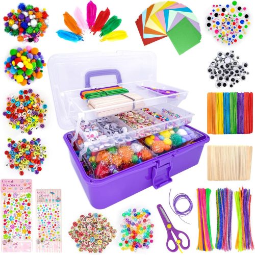 1 Jumbo Art and Craft Supplies for Kids, Toddler DIY Craft Art Supply Set Included Pipe Cleaners, Pom Poms, Feather, Folding Storage Box - All in One for Craft DIY Art Supplies (Purple)