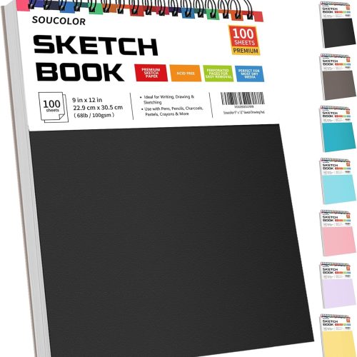 1 9" x 12" Sketch Book, 100 Sheets Top Spiral Bound Sketchbook with Acid-Free 68lb/100gsm Drawing Paper, Artist Sketch Pad for Kids, Adults & Teens Painting, Drawing, 1 Pack