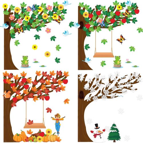 198Pcs Classroom Tree Bulletin Board Decor Seasonal Tree Summer Autumn Winter Spring Cutouts Border Set Four Seasons Chalkboard Wall Decorations for Kindergarten Elementary School Home