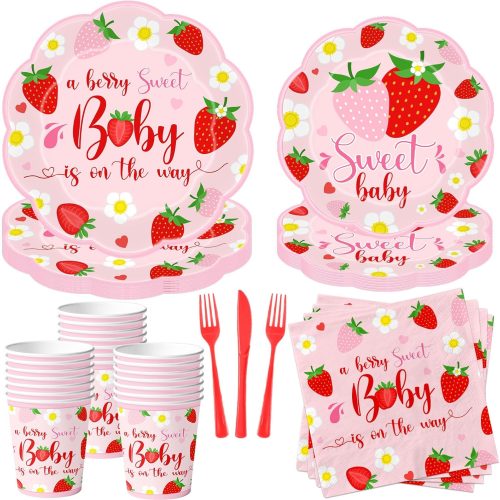 Strawberry Baby Shower Decorations, 150Pcs A Berry Sweet Baby is on the Way Decorations Tableware Sweet Baby Strawberry Plates and Napkins Cups for Girls Strawberry Baby Shower Supplies, Serve 25