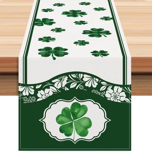 Lucky Clover Green Shamrocks Table Runner, Seasonal St Patrick's Day Holiday Kitchen Dining Table Runner for Irish Spring Home Decoration Indoor Outdoor Party Supply 13 x 72 Inches