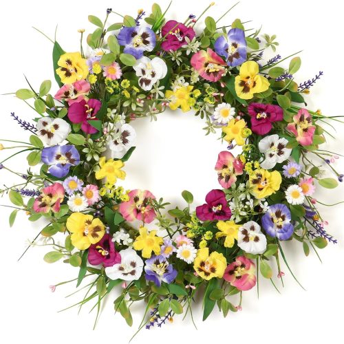 1 Spring Wreaths for Front Door 20 Inch Artificial Flower Pansy Wreath with Green Leaves Daisy Lavender Fern Wreaths Silk Summer Door Wreath for Farmhouse Outdoor Festival Wall Decor
