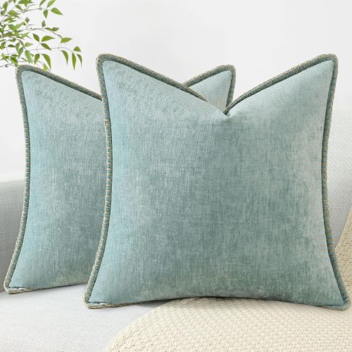 1 Spring Chenille Soft Throw Pillow Covers 18x18 Set of 2, Farmhouse Velvet Neutral Decorative Pillow Covers with Stitched Edge for Couch Sofa Bed Home Decor, Aqua Haze