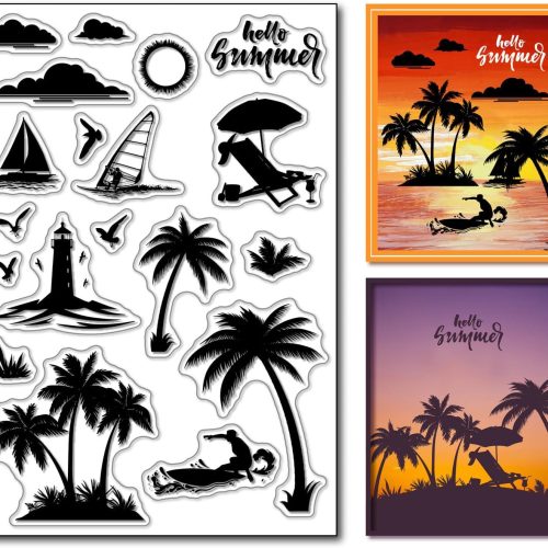 Silhouette Palm Tree Clear Stamps for Card Making or Journaling, Summer Ocean Surfing Sea Gull Rubber Stamps Floral Silicone Stamps for Scrapbooking Paper Crafts Decoration