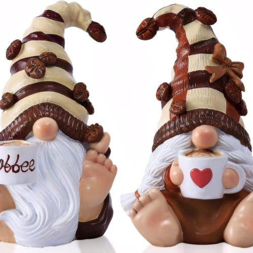 1 2PCS Coffee Gnomes Figurines Home Christmas Decoration Fall Gnomes Coffee Bar Accessories Decor Elfs Statue Cute Resin Housewarming Gifts for Women Tiered Tray Table Ornament,Sit 4.7H