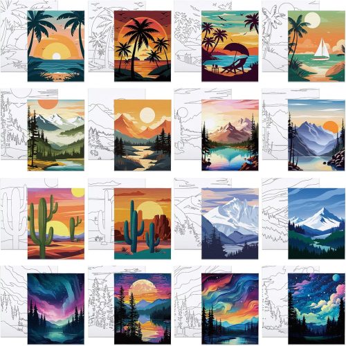 1 16 Pcs Pre Drawn Canvas for Painting for Adults Kids Sip and Paint Kit Pre Printed Canvas to Paint DIY Art Party Supplies Girls Night Date Night (Landscape, 8x10 in)