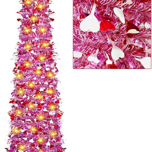 1 Valentine's Day Artificial Christmas Tree with 100 Lights, 5 Ft Pop Up Collapsible Tinsel Christmas Tree with Christmas Balls Christmas Decorations for Home Fireplace Party Indoor Outdoor (Pink-Heart)
