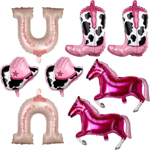 1 8pcs Cowgirl Foil Balloons, Pink Cowgirl Hat Boot Horse Latex Balloons Western Themed Party Balloons Rodeo Bandana Balloons for Cowgirl Wild West Birthday Party Decorations Supplies