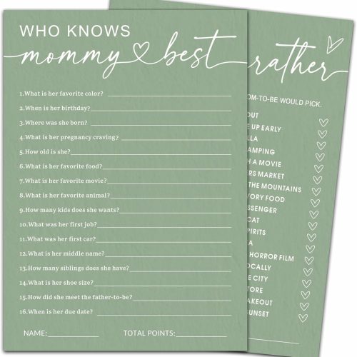 Hilarious Baby Shower Games, Who Knows Mommy Best Game, 5" x 7" Double-sided Baby Shower Game Cards for Boy or Girl, Gender Reveal Party Supplies - D01