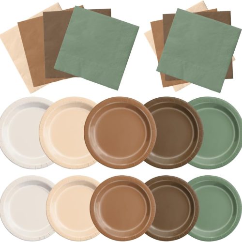 Woodland Baby Shower Decorations - 60pcs Brown Sage Green Forest Animal Theme Plates & Napkins Kit - Safari Party Supplies for Birthday, Baby Shower Neutral