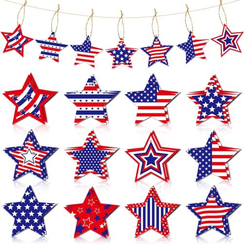 24Pcs Patriotic Star Hanging Decorations Red White Blue Stars 4th of July Hanging Ornaments with Strings American Flag Designs Ornaments for Independence Day Party Decoration Supplies