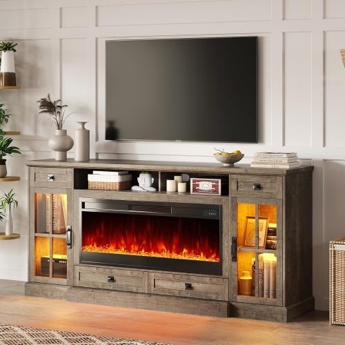 70” Fireplace TV Stand for 80 Inch TV, Farmhouse TV Stand with 42" Fireplace & LED Lights, Entertainment Center with Storage Drawers & Cabinets, Light Oak