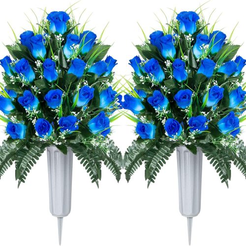 Artificial Cemetery Flowers, Grave Decorations Roses, Memorial Flowers Bouquet with Cemetery Vase, 2 Sets (Blue)