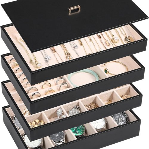 Stackable Jewelry Organizer Tray with Lid, PU Leather Jewelry Storage Holder for Drawer Inserts, Jewellery Display Box Case for Earring Necklace Ring Watch Bracelet (Set of 4, Black)