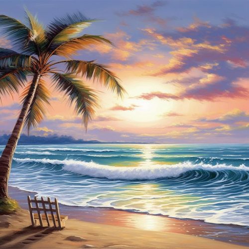 5D Coconut Tree Beach Sunset Scenic Diamond Art Painting Kit for Adults, DIY Full Drill Crystal Rhinestone Arts and Crafts (20x16in)