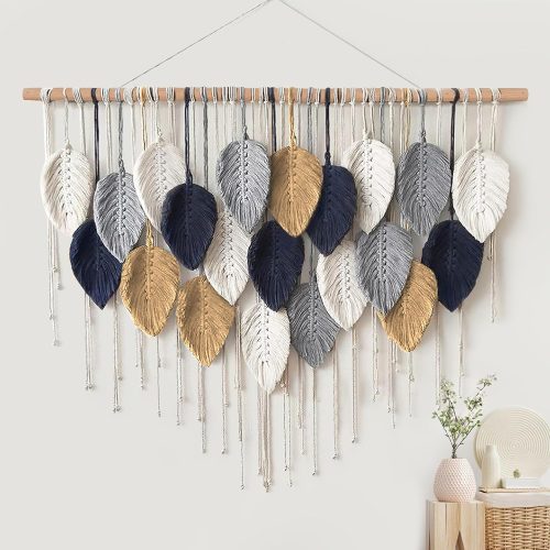 Large Macrame Wall Hanging, Boho Handmade Leaf Feather Bohemian Woven Tapestry, Chic Wall Art Home Decor for Bedroom Living Room Nursery Apartment Decorations(39" W x 29.5" L)