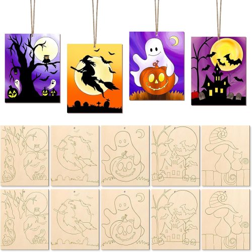 10PCS Large Halloween Unfinished Wood Crafts to Paint for Adults, Bulk Predrilled Wooden Ornaments for Painting, Ghost Witch Bats Paintable Wood Slices Craft Supplies with Ropes