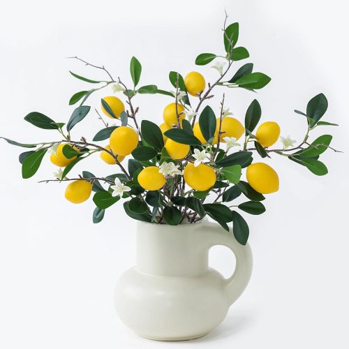5pcs 24“ Artificial Lemons Branches 15 Head Fake Lemon Fruit with Stem Greenry Realistic Faux Lemon Decorations for Kitchen Party Centerpiece Table Office Spring Summer Decor (Lemon)