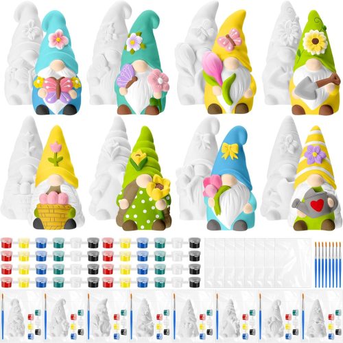 8 Pcs Spring Gnome Ceramics to Paint Ready to Paint Your Own Ceramic Gnome Statues DIY Unpainted Ceramics Paintable Figurines Kit Crafts with Brush Palette