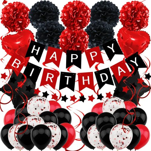Birthday Decorations - Black & Red Party Decorations with Happy Birthday Banner, Pompoms, Balloons for Boys, Girls, Men & Women