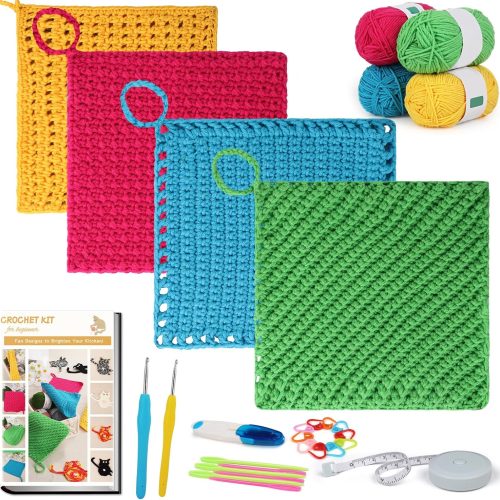 Crochet Kit for Beginners - Easy Crochet Kit Learn to Crochet Dishcloth with Yarns Crochet Hooks, Detailed Instructions, Color A