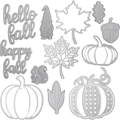 12 Pcs Thanksgiving Fall Metal Die Cuts for Card Making Hello Fall Maple Leaf Pumpkin Hazelnut Squirrel Corn Embossing Stencils for Autumn DIY Scrapbooking Craft Decorations