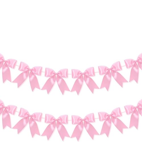 2Pcs Pink Ribbon Bow Garland Christmas Bows Banner, Bow Party Hanging Garland Decorations for Girls Pink Bow Birthday Decorations, Baby Shower Decor, Bridal Shower Wedding Party Supplies
