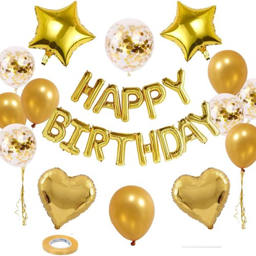 27 Pcs Gold Birthday Decorations, 3D Foil Gold Happy Birthday Balloon Banner, Pentagram Heart Foil Balloons Confetti Balloons Kit For Boys Girls Birthday Party Supplies