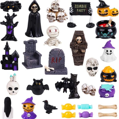 Halloween Miniature Figurines, 40 Pcs Mini Resin Craft Decorations Tiny Miniatures Dollhouse Ornaments Small Fairy Garden Décor Village Accessories