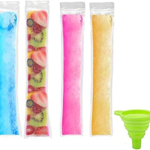 100 Pcs Disposable Ice Popsicle Mold Bags BPA Free Freezer Tubes Ice Candy Pops With a Funnel and Zip Seals For Healthy Snacks,Yogurt Sticks,Juice,Fruit Smoothies