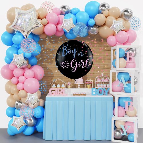 164PCS Baby Boxes Gender Reveal Balloon Decorations, Pink and Blue Balloon Garland Kit 4pcs Boxes with Letters for Baby Shower Birthday Boy or Girl Gender Reveal Party Supplies