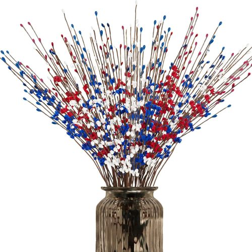120 Pcs Artificial Jasmine Flowers Stems with Blue White Red Berry for Patriotic Decorations, 21.6" Long Stem Jasmine Faux Flowers for 4th of July Home Independence Day Decor